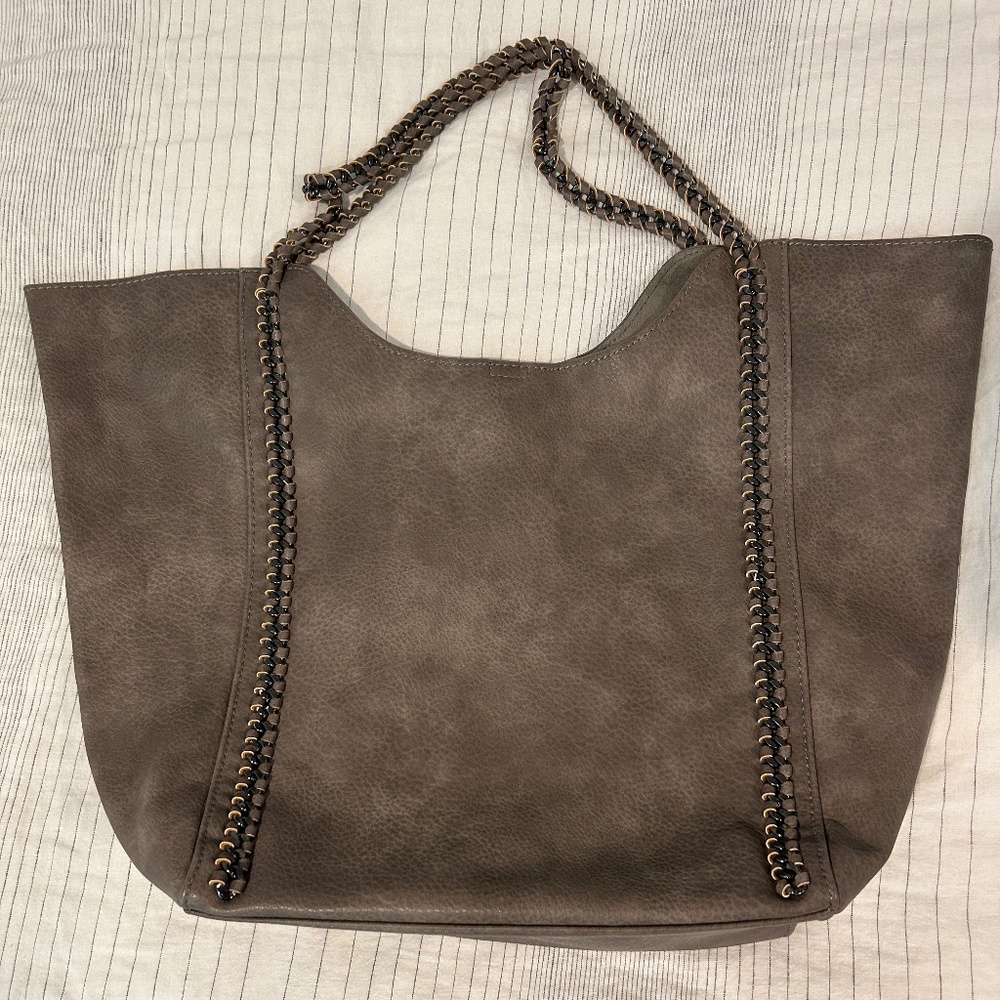 Faux Leather Tote Bag with Chain Detail